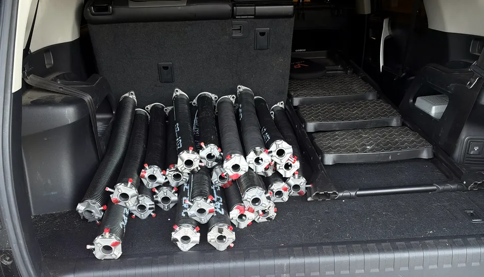 A row of new torsion springs loaded in the back of the Red Clay work vehicle